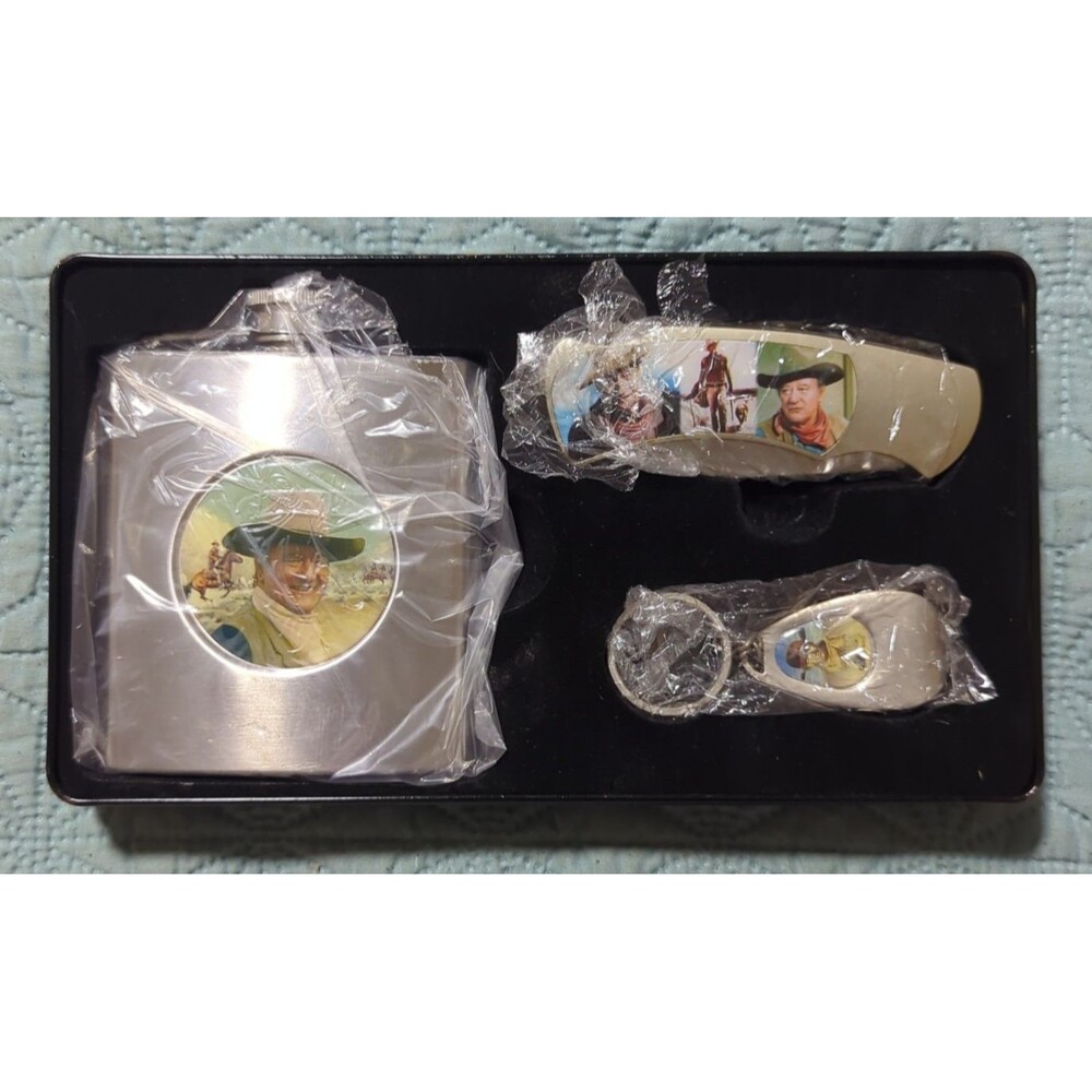 John Wayne Flask Knife And Key Chain All In Decorative Tin Gift Box Sivertone